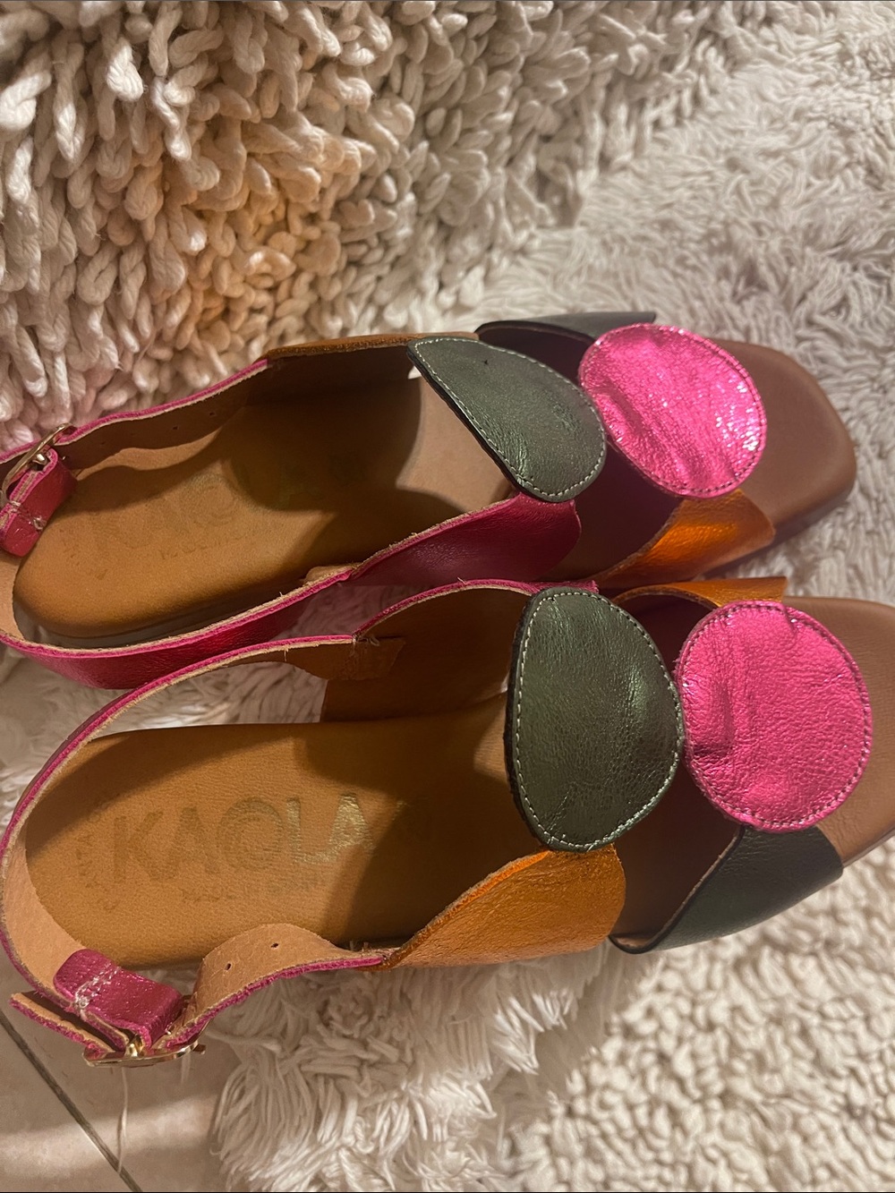 Colorblock Leather Circle Sandals — Pink, Olive & Tan